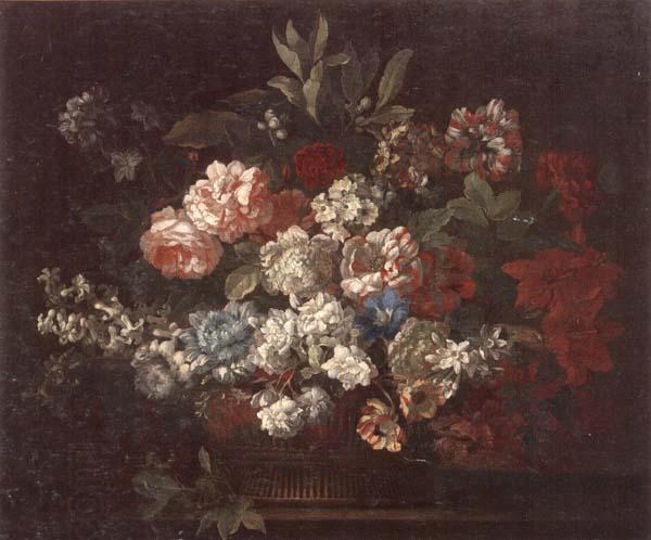 unknow artist Still life of various flowers,in a wicker basket,upon a stone ledge